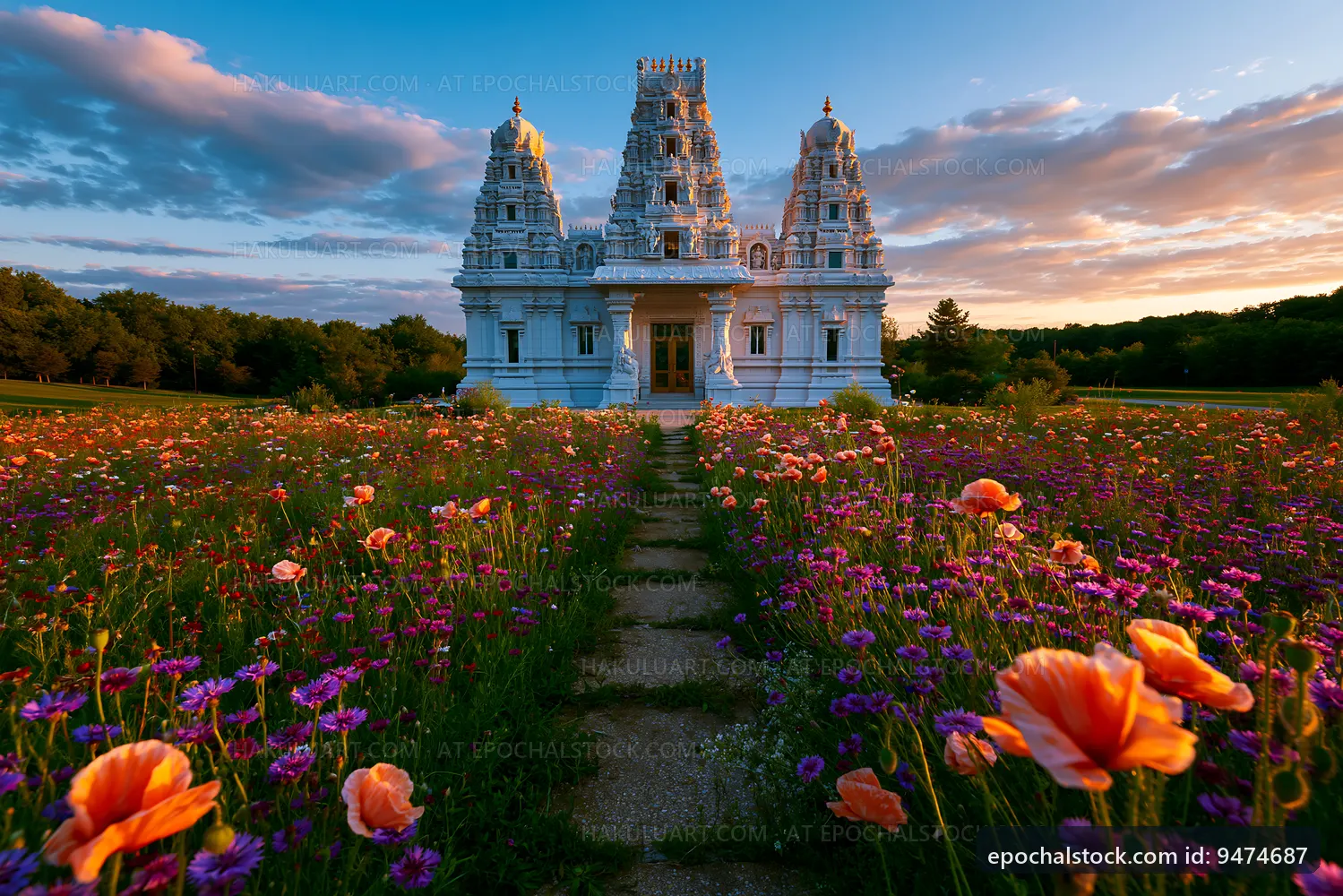 Temple surrounded by colorful flowers at sunset