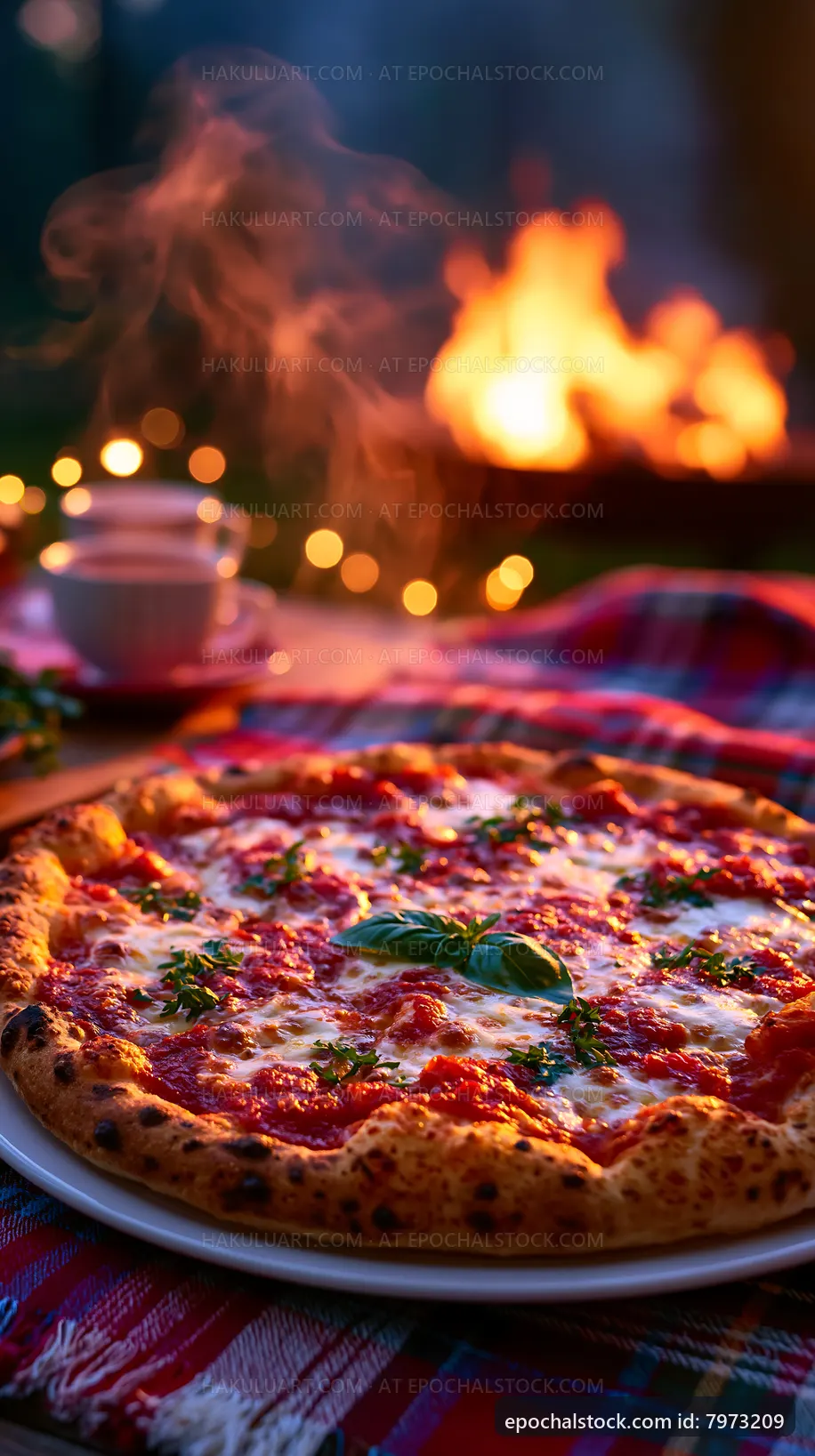 Freshly baked pizza on outdoor table with campfire nearby