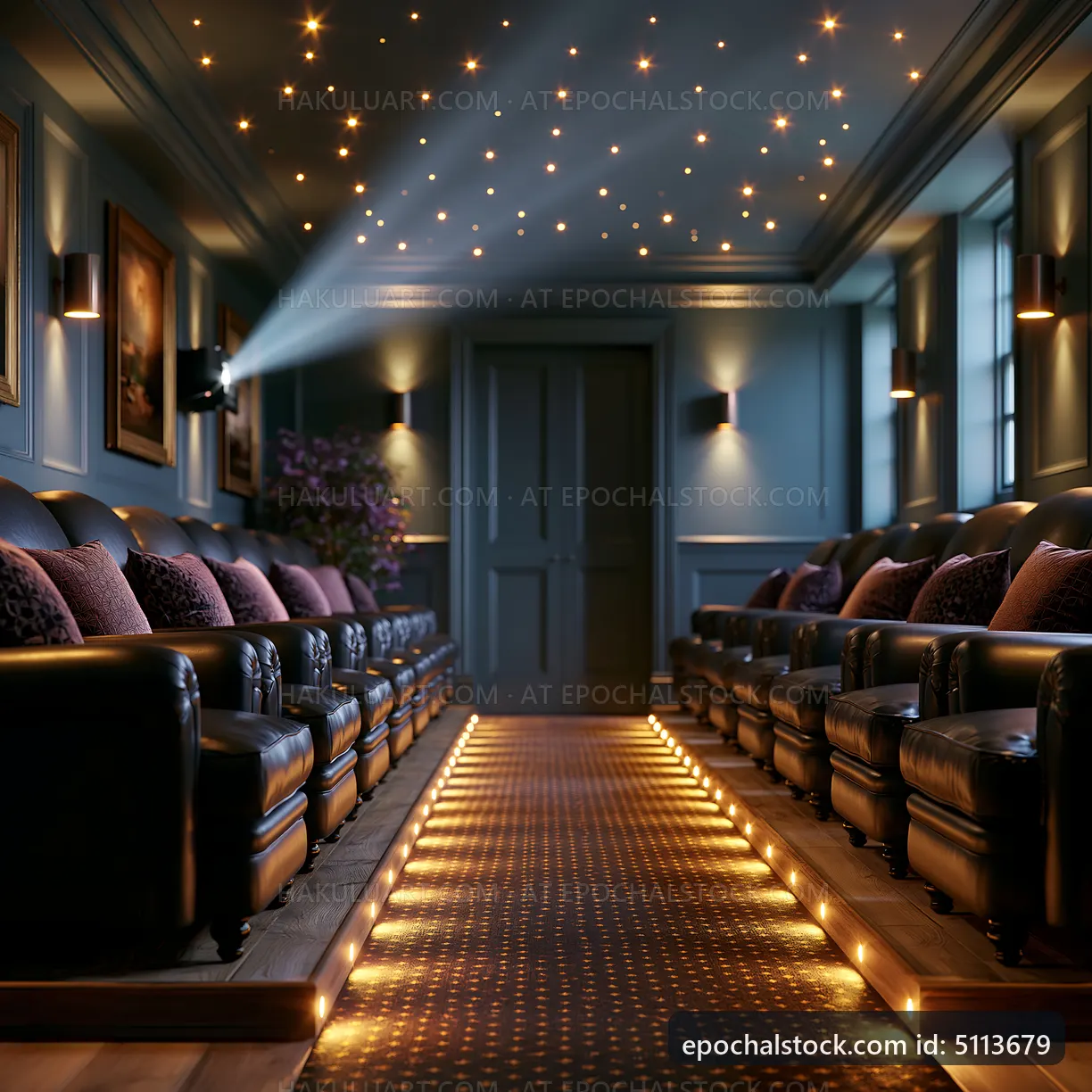 Luxury home theater with leather seats and starry ceiling
