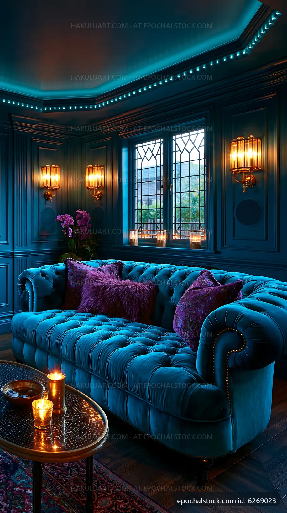 Cozy blue living room with velvet sofa and warm lighting