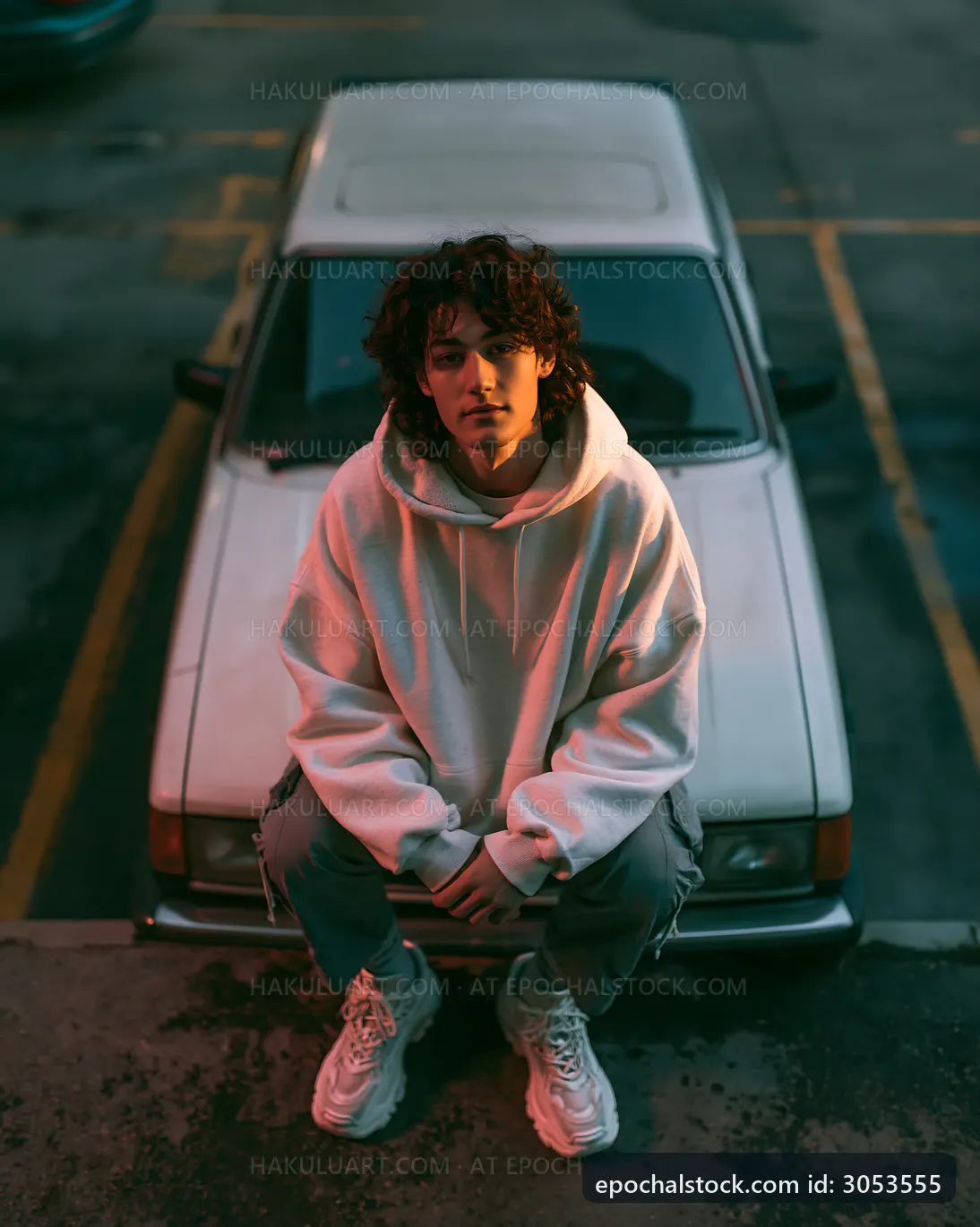 Young man sitting on the hood of a car in a parking lot