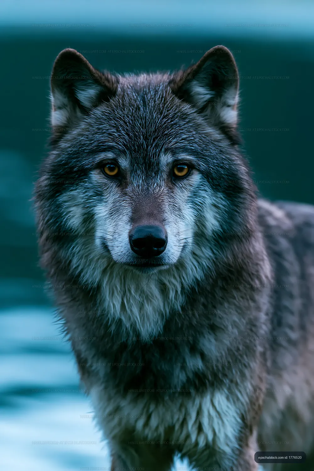 Wolf standing near water with a calm expression