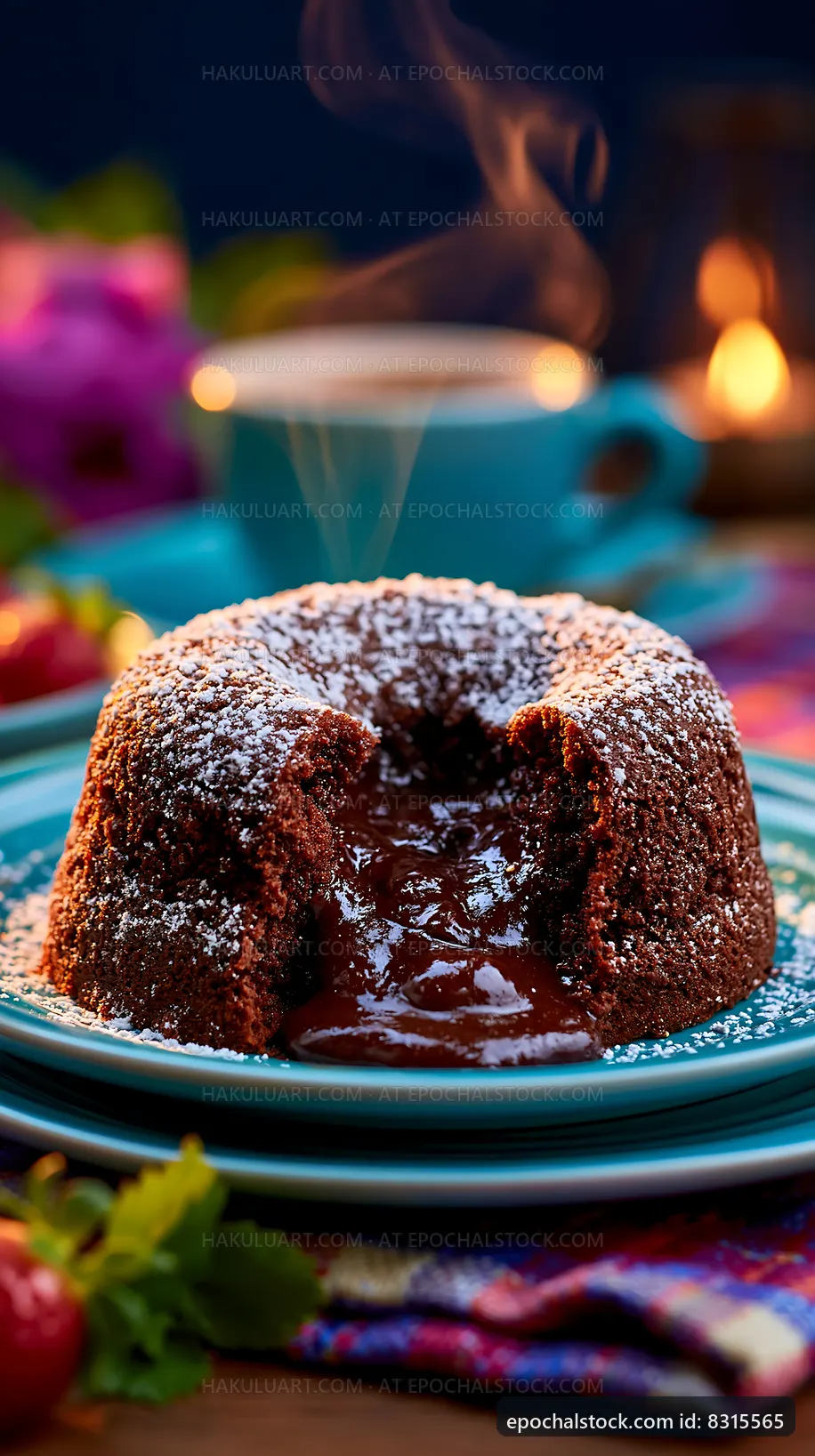 Warm chocolate lava cake on a blue plate with decorative background