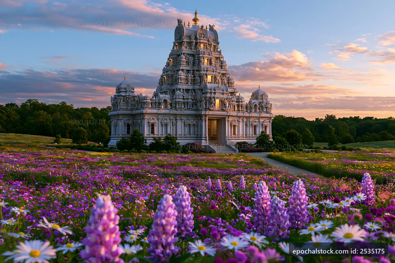 Bright temple surrounded by colorful flowers at sunset
