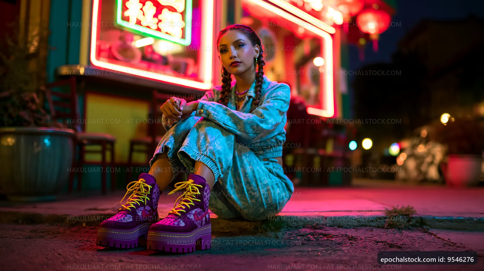 Young woman with colorful shoes sitting in urban setting at night