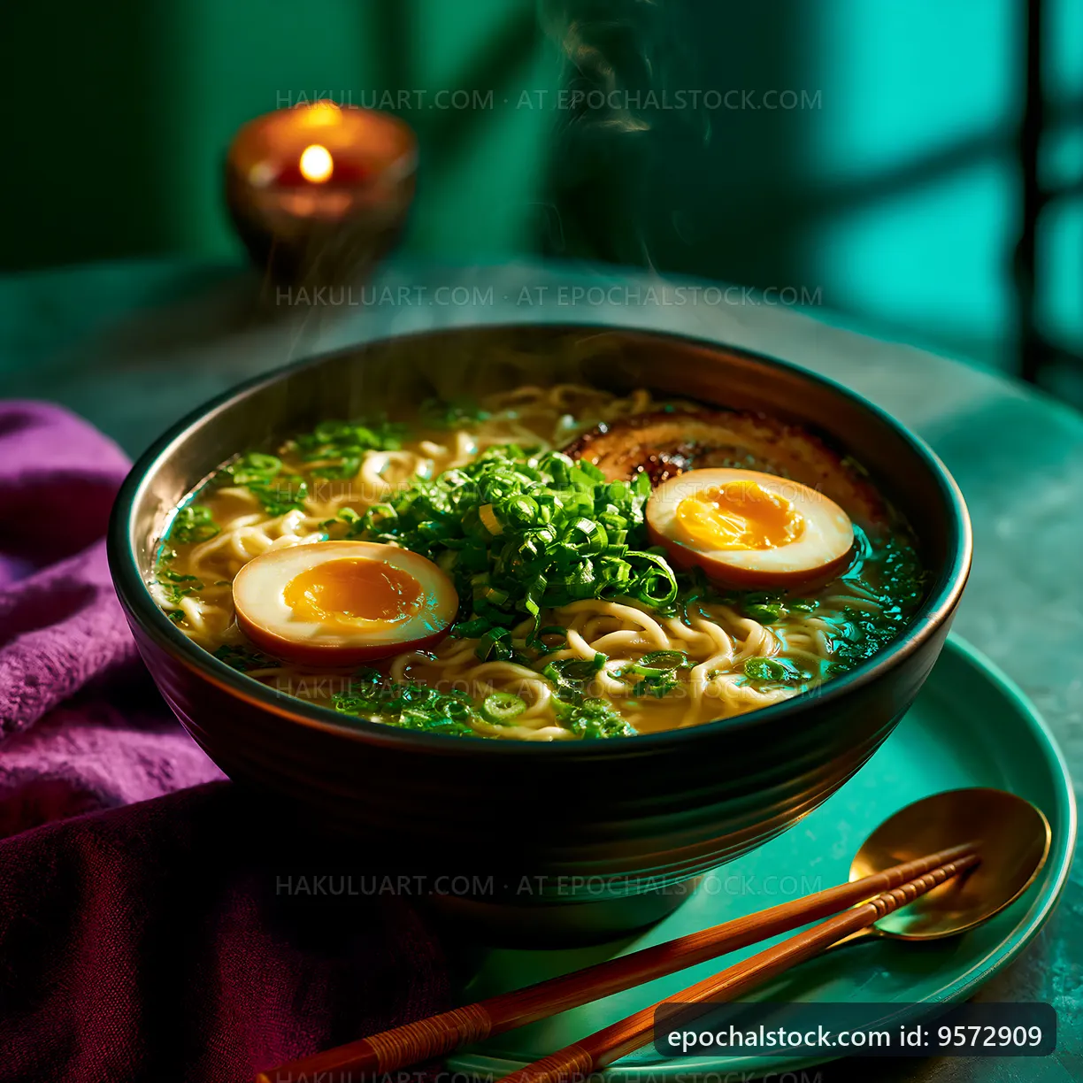 Warm bowl of ramen with egg and greens on a table