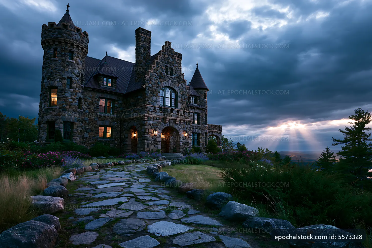 Stone castle on a hillside under a cloudy sky at twilight