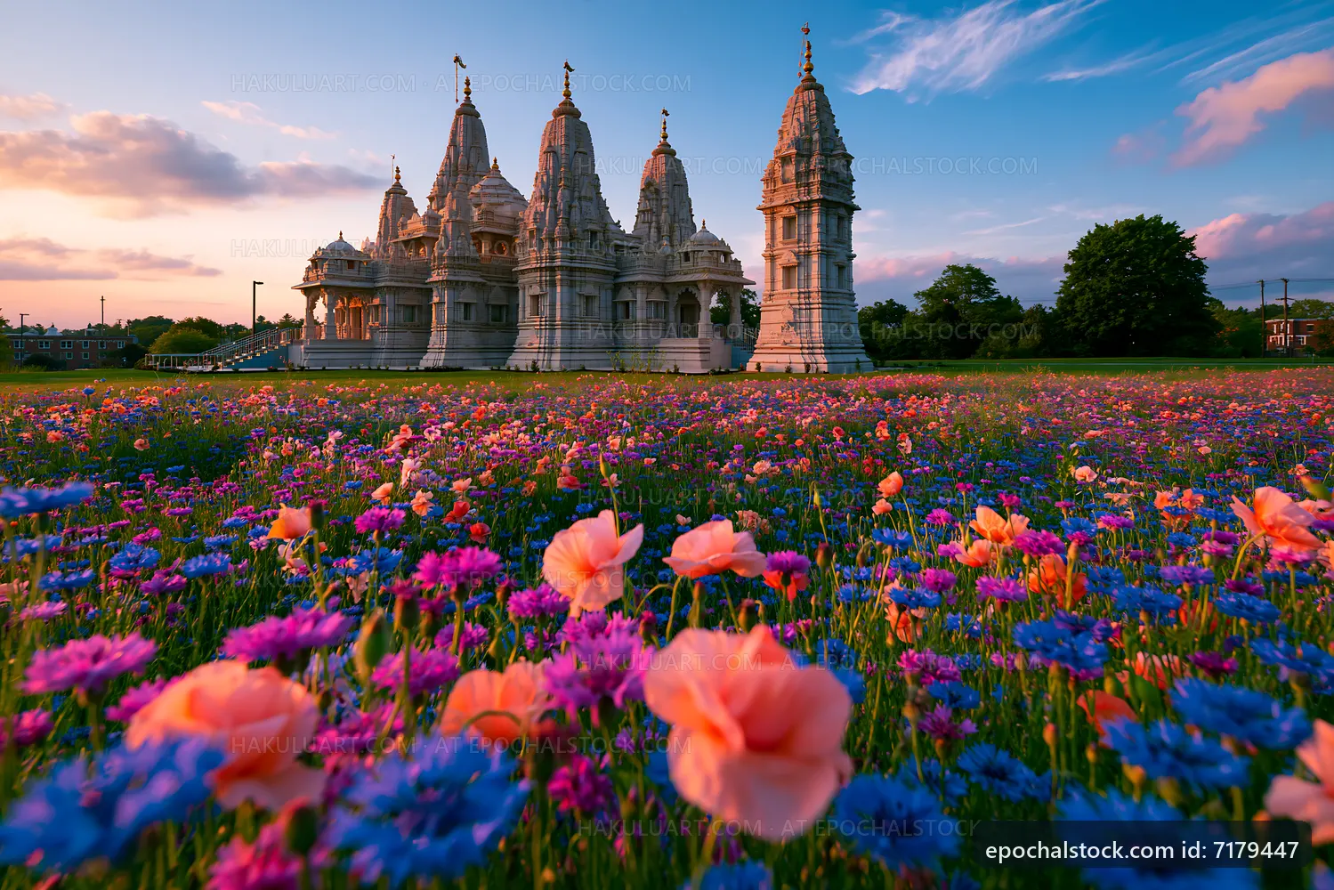 Flowers bloom near a large temple under a colorful sky