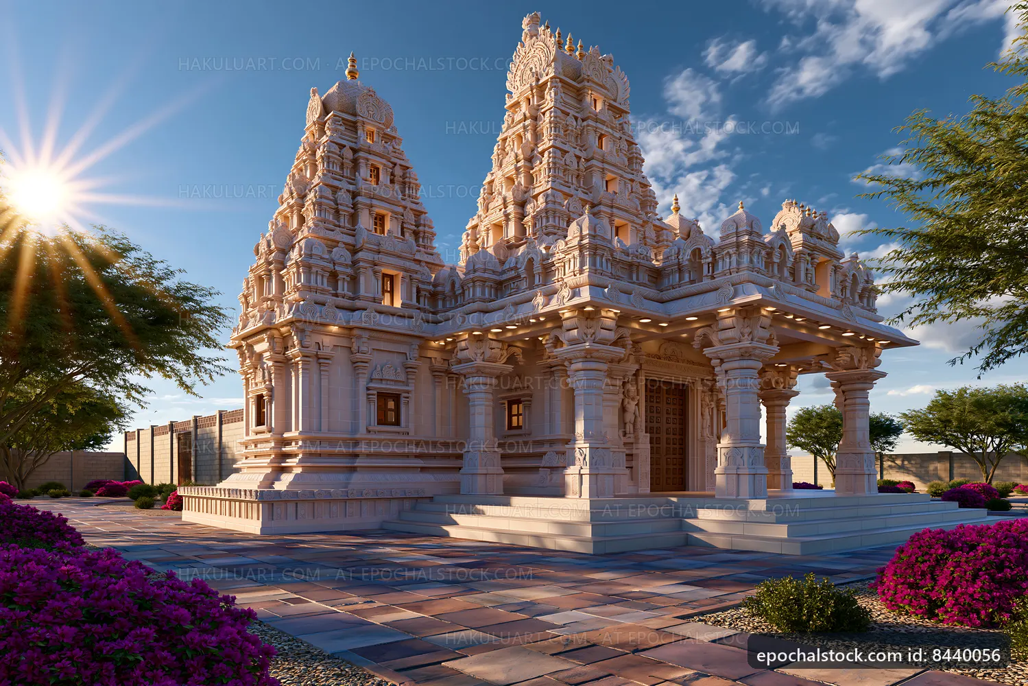 Hindu temple structure with intricate carvings and bright sunlight