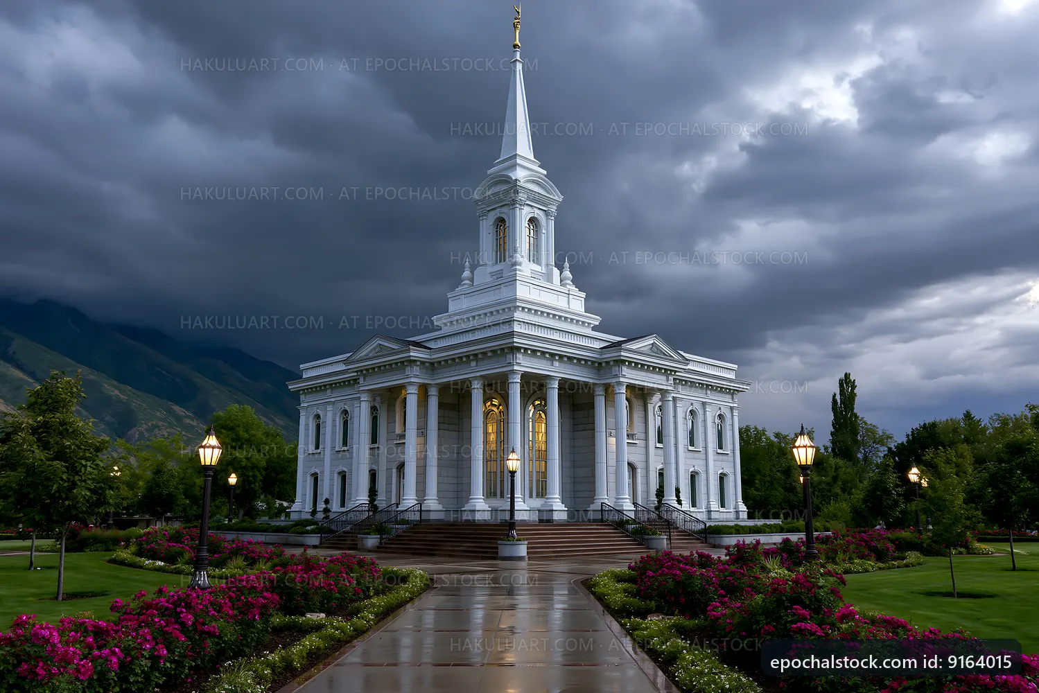 White church building under dark storm clouds