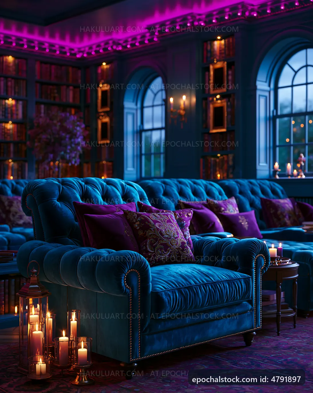 Cozy interior with blue velvet couches and candlelight
