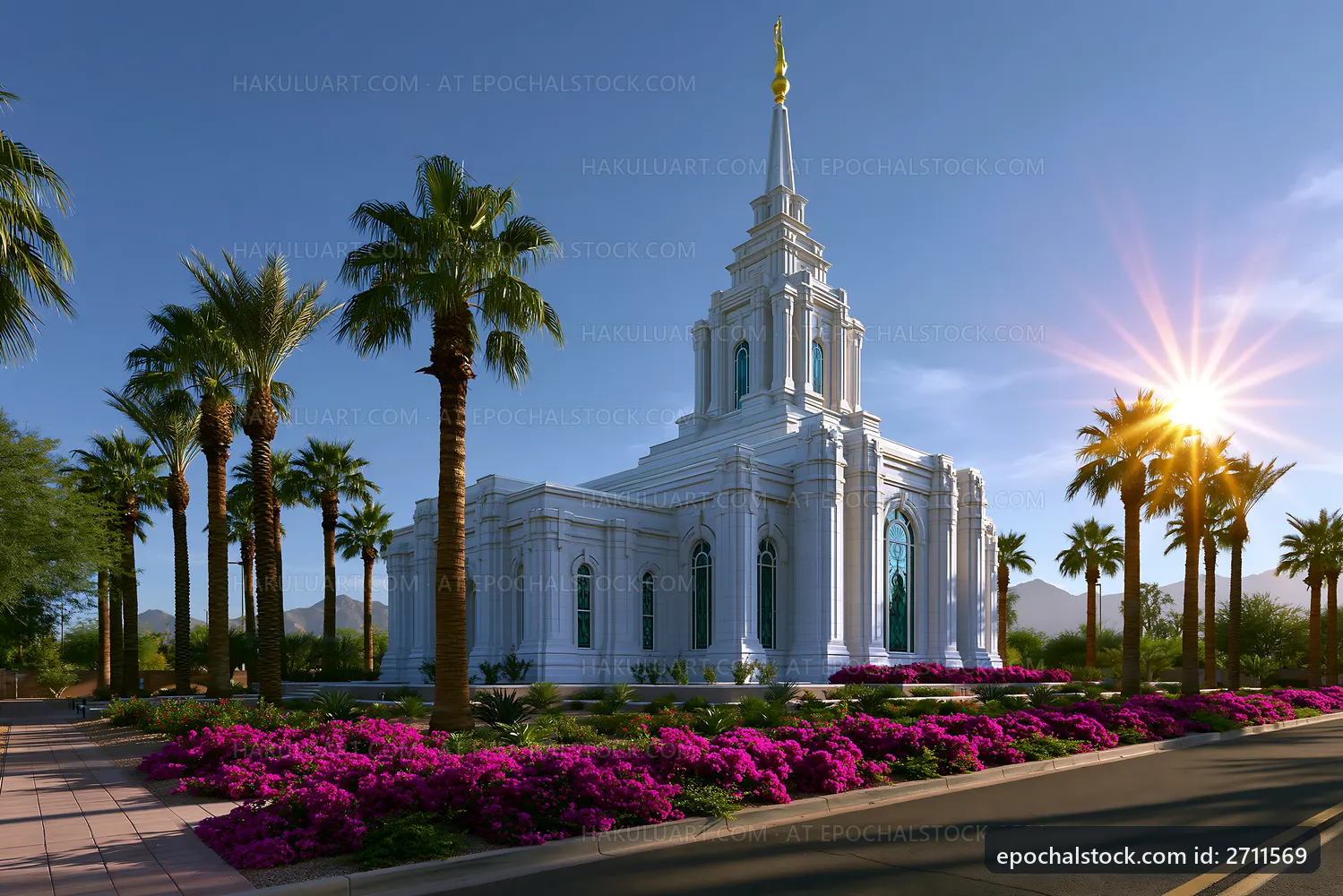 Church with palm trees and flowers during sunset