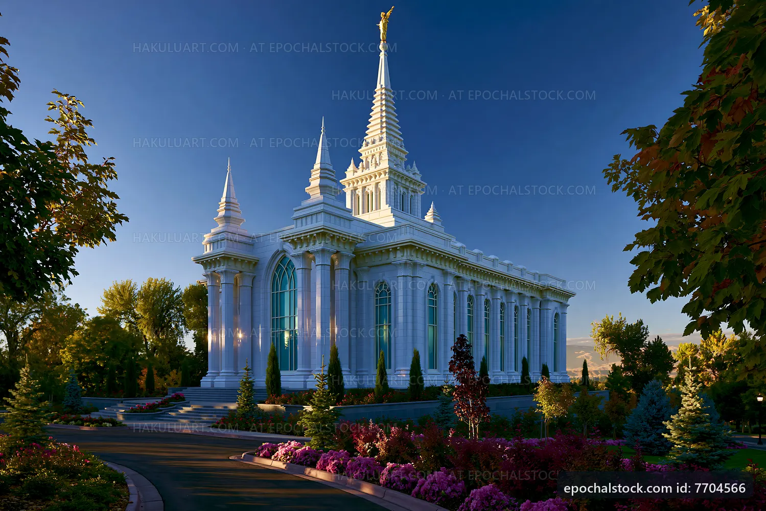 Beautiful building with tall spire surrounded by landscaped gardens