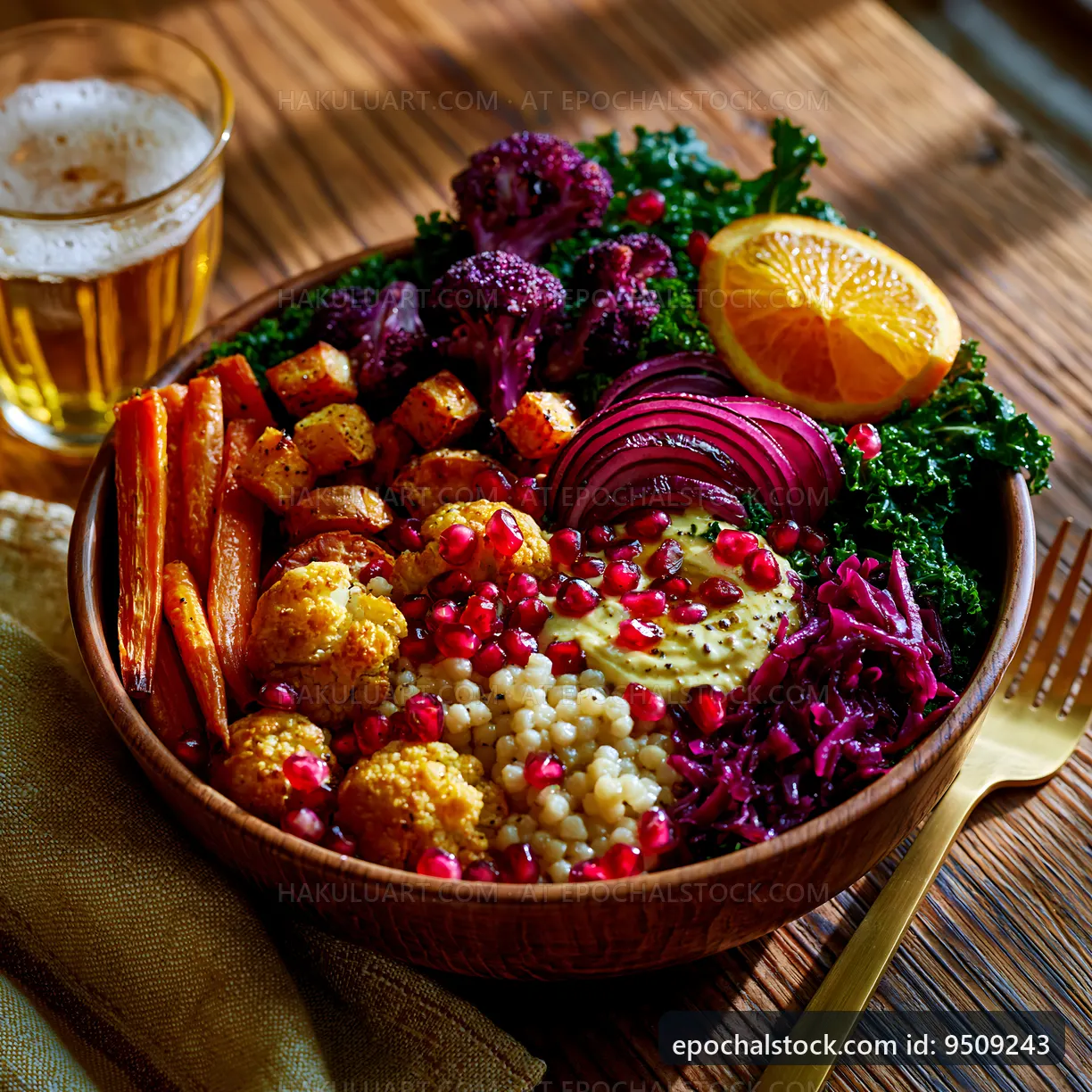 Colorful healthy bowl of food on a wooden table with drink