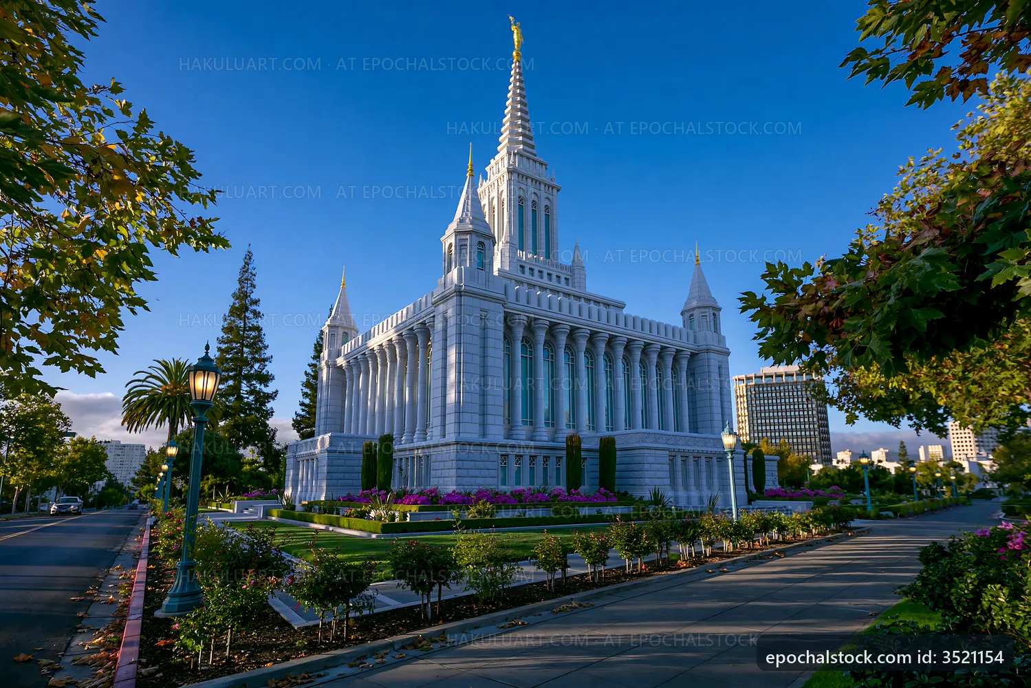 Modern temple building against clear blue sky
