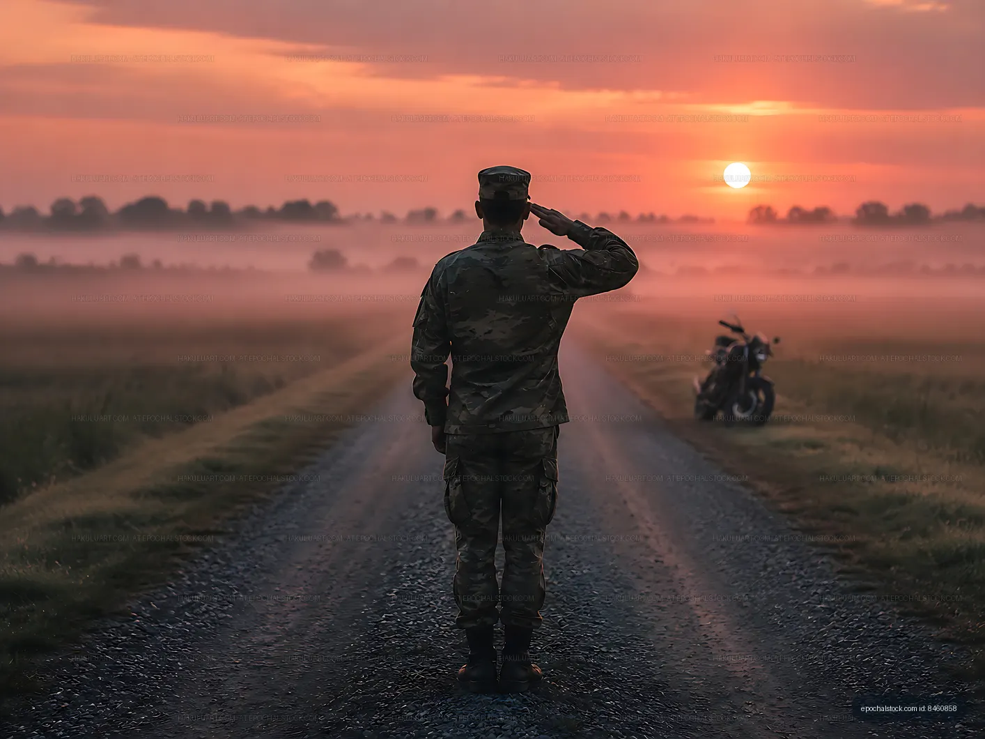 Soldier saluting at sunset near a motorcycle on a gravel road
