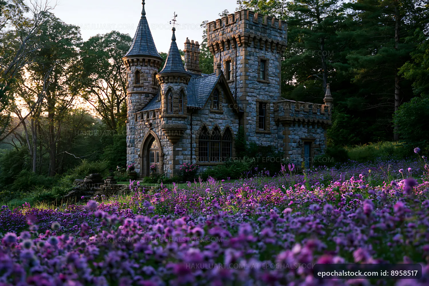 Flowers surround a stone castle in a garden at sunset