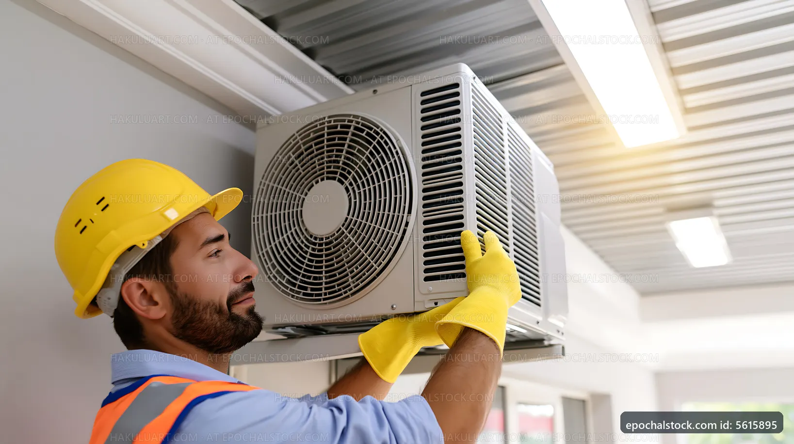 Worker installs an air conditioner unit indoors