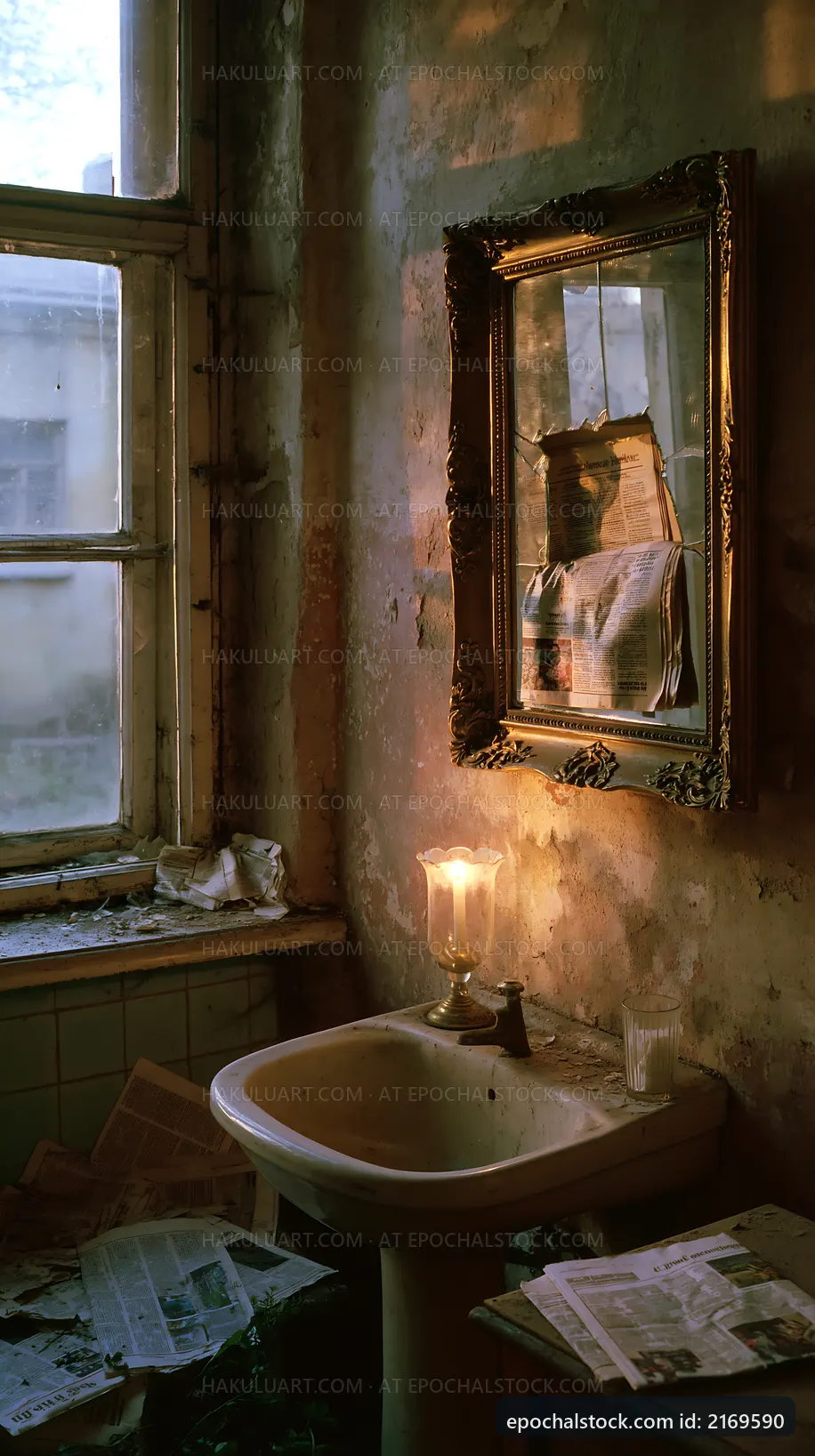 Old bathroom with a mirror and candle in soft light