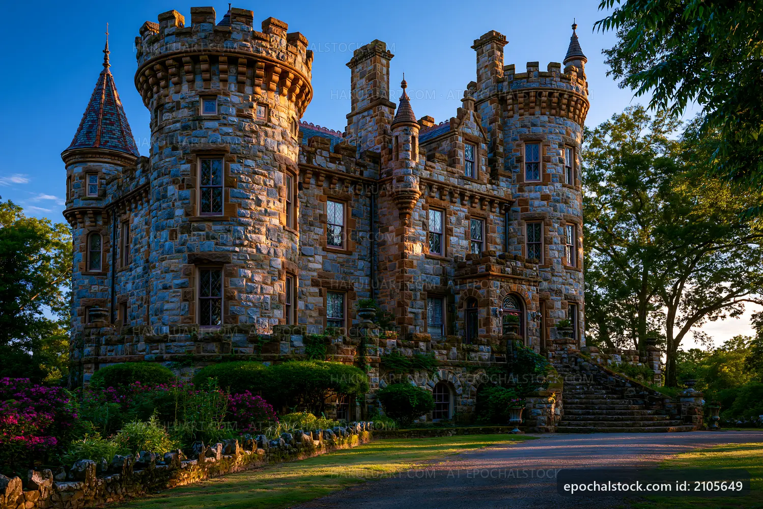 Historic castle with stone architecture in evening light