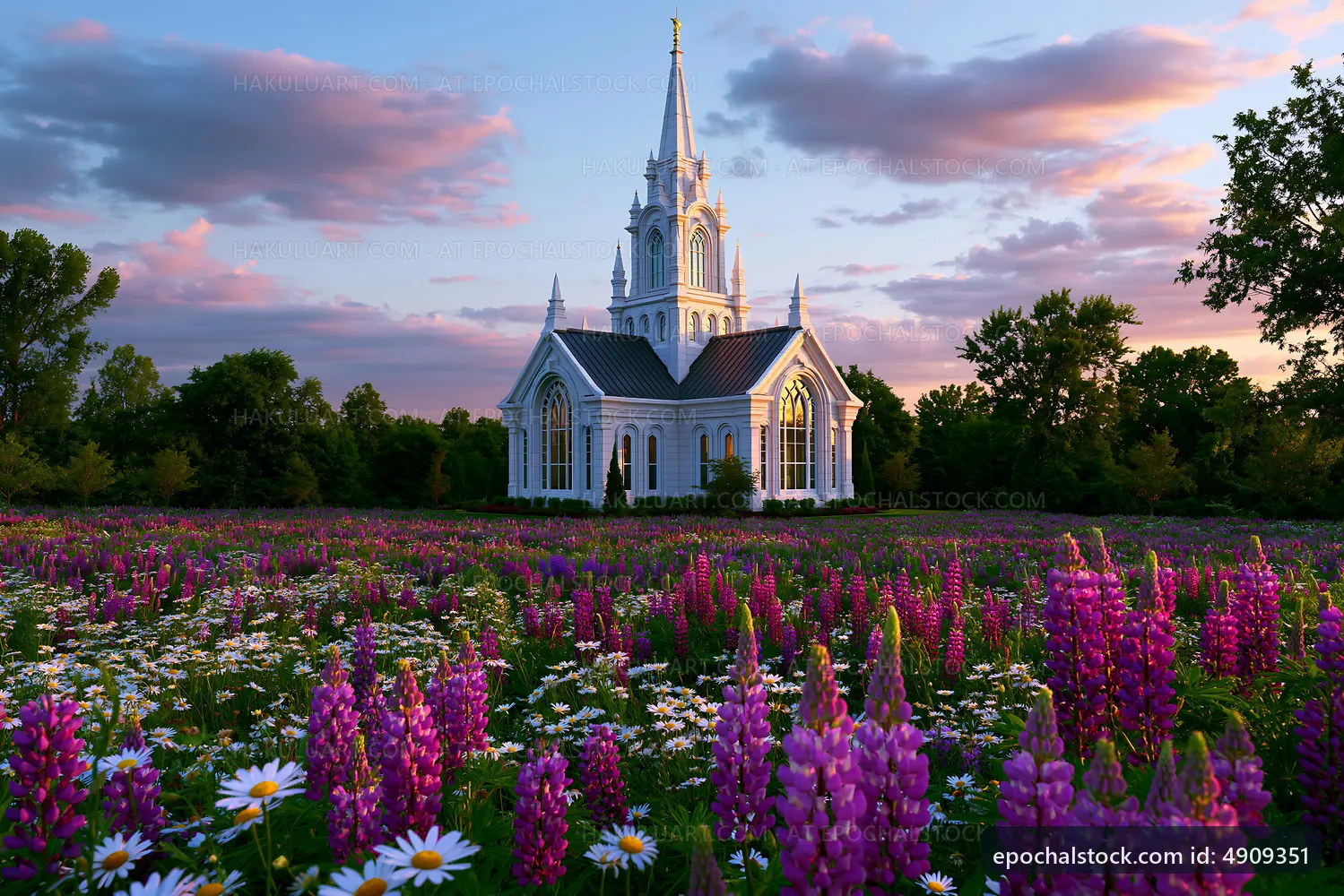 Church surrounded by flowers during sunset