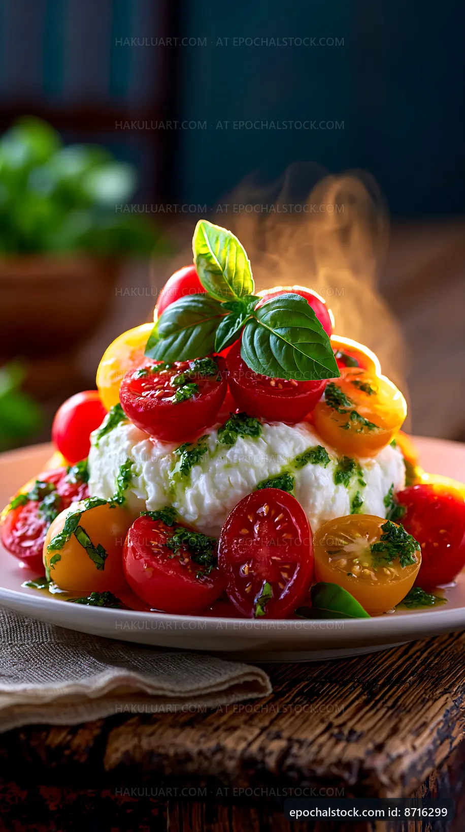 Fresh mozzarella with colorful tomatoes and herb drizzle