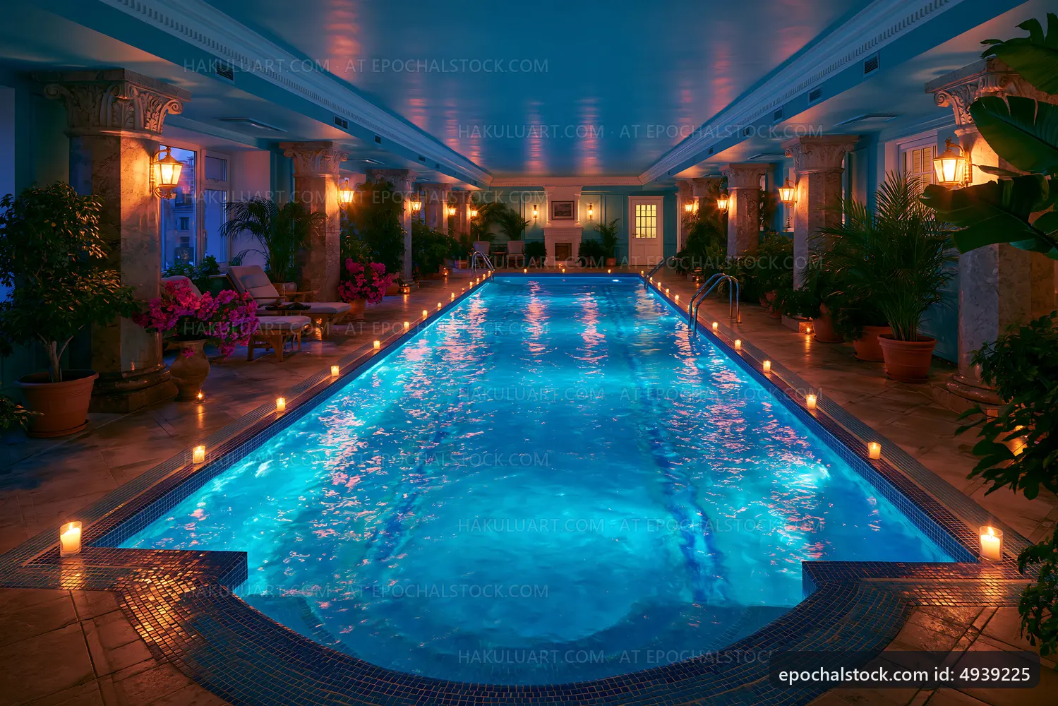 Indoor swimming pool with blue lighting and plants
