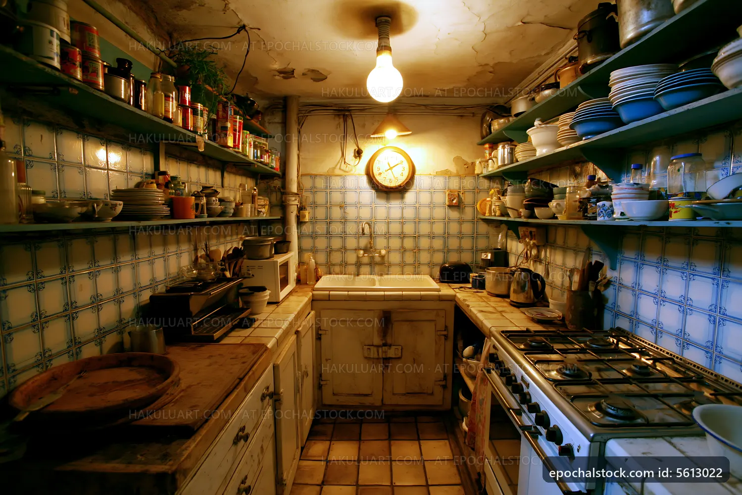 Old kitchen with shelves and appliances in need of renovation