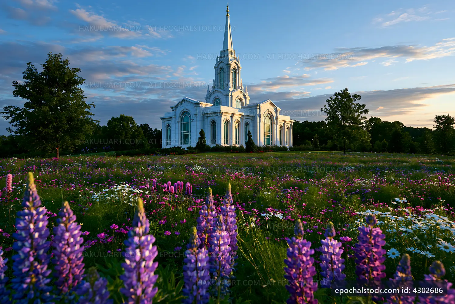Church surrounded by purple flowers at sunset