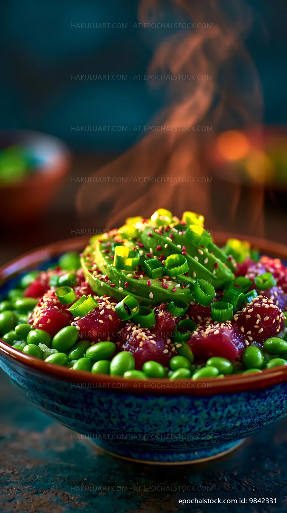 Colorful bowl of healthy food with green vegetables and fish