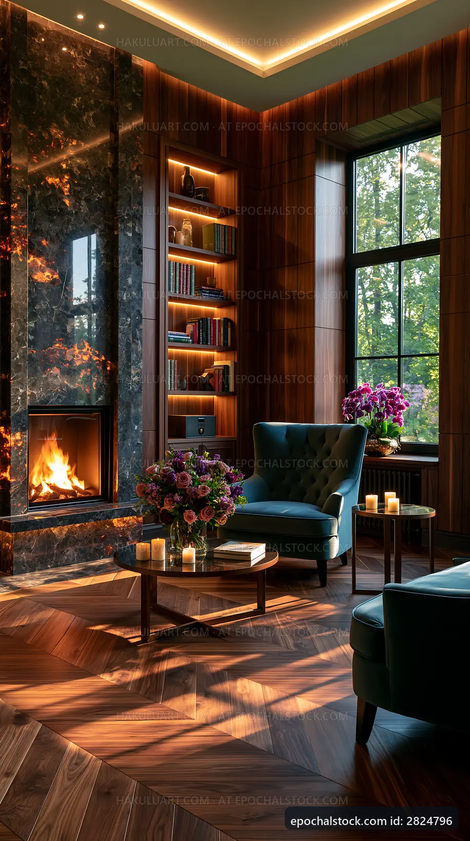 Cozy living room with fireplace and bookshelf in warm lighting