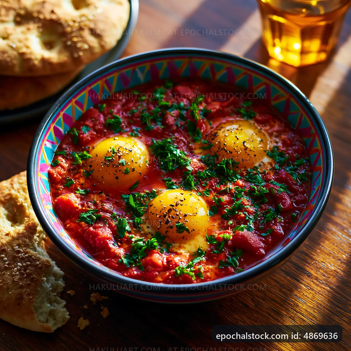 Eggs cooked in tomato sauce served with bread and tea