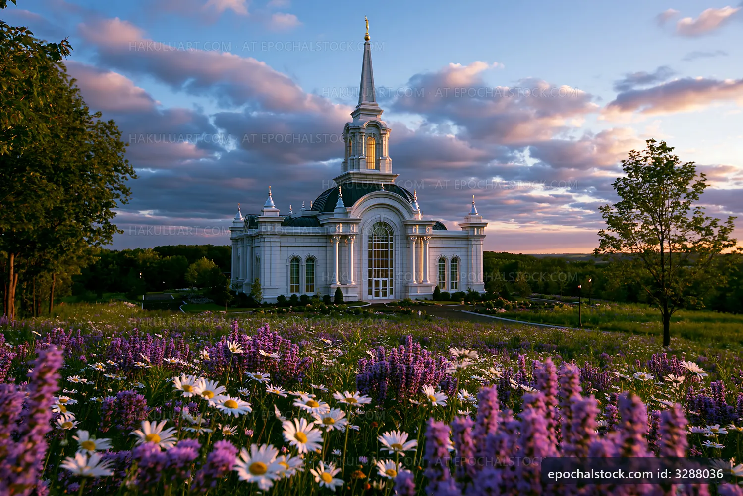 Church surrounded by flowers at sunset