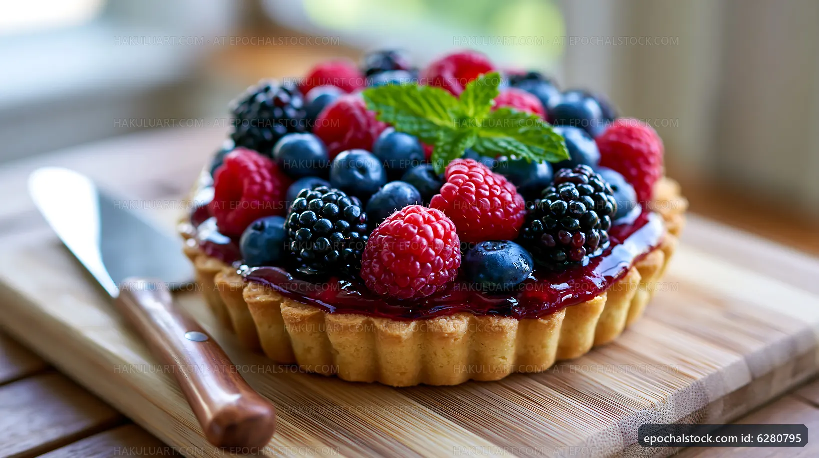 Berry tart on a wooden cutting board with a knife