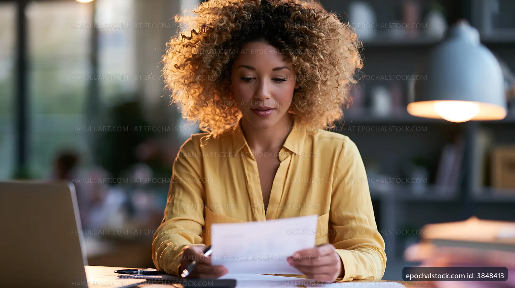 Woman reading documents at a desk with a laptop in a bright room
