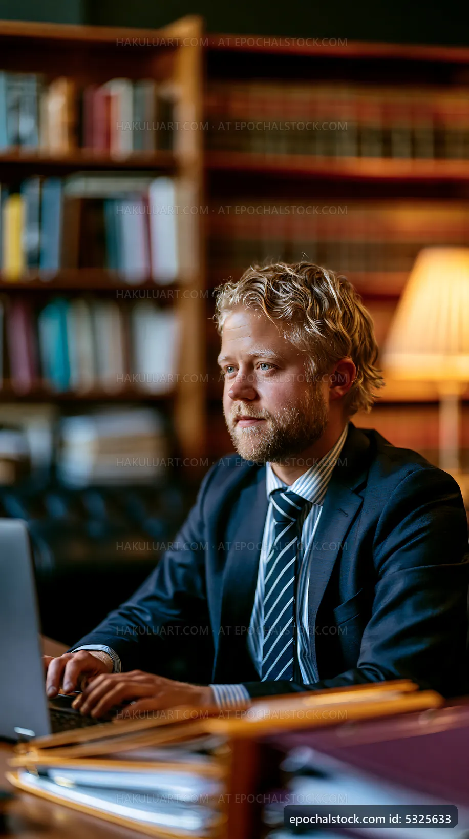 Man working in a library at a computer during daytime