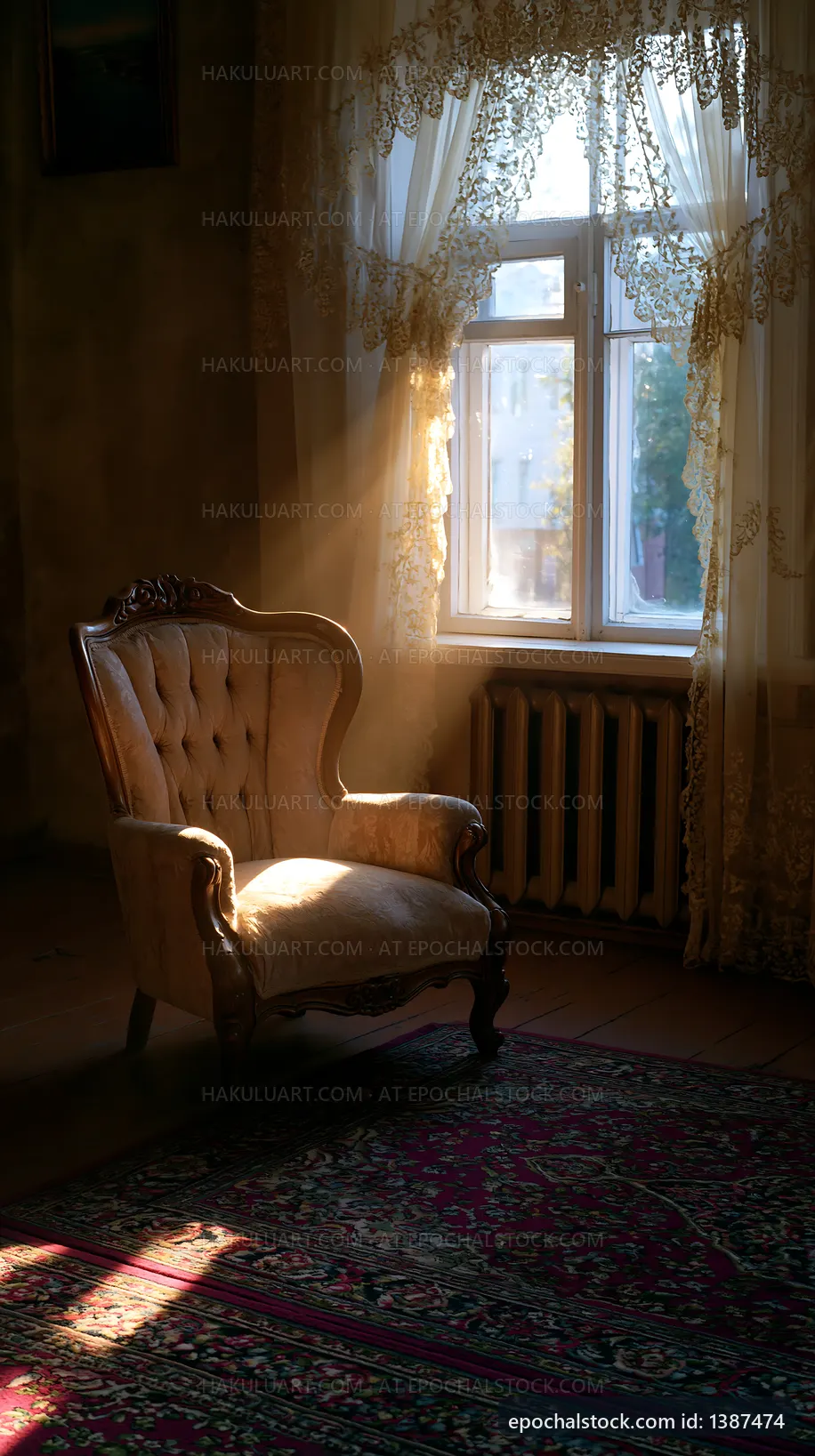 Empty armchair near window with sunlight in quiet room
