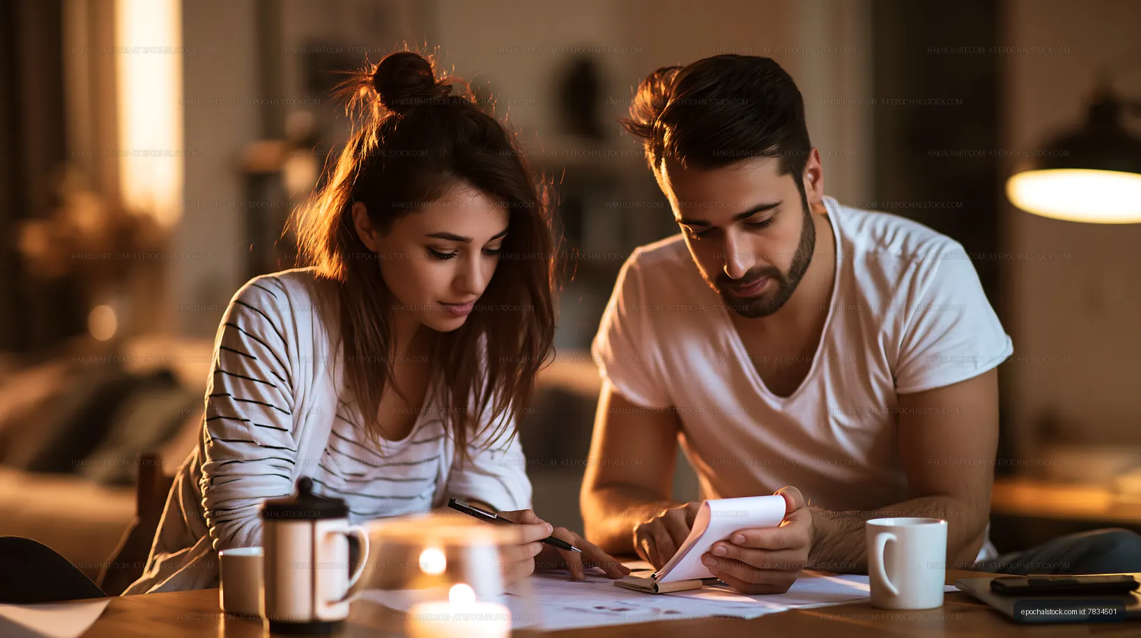 Couple discussing plans at a cozy evening table