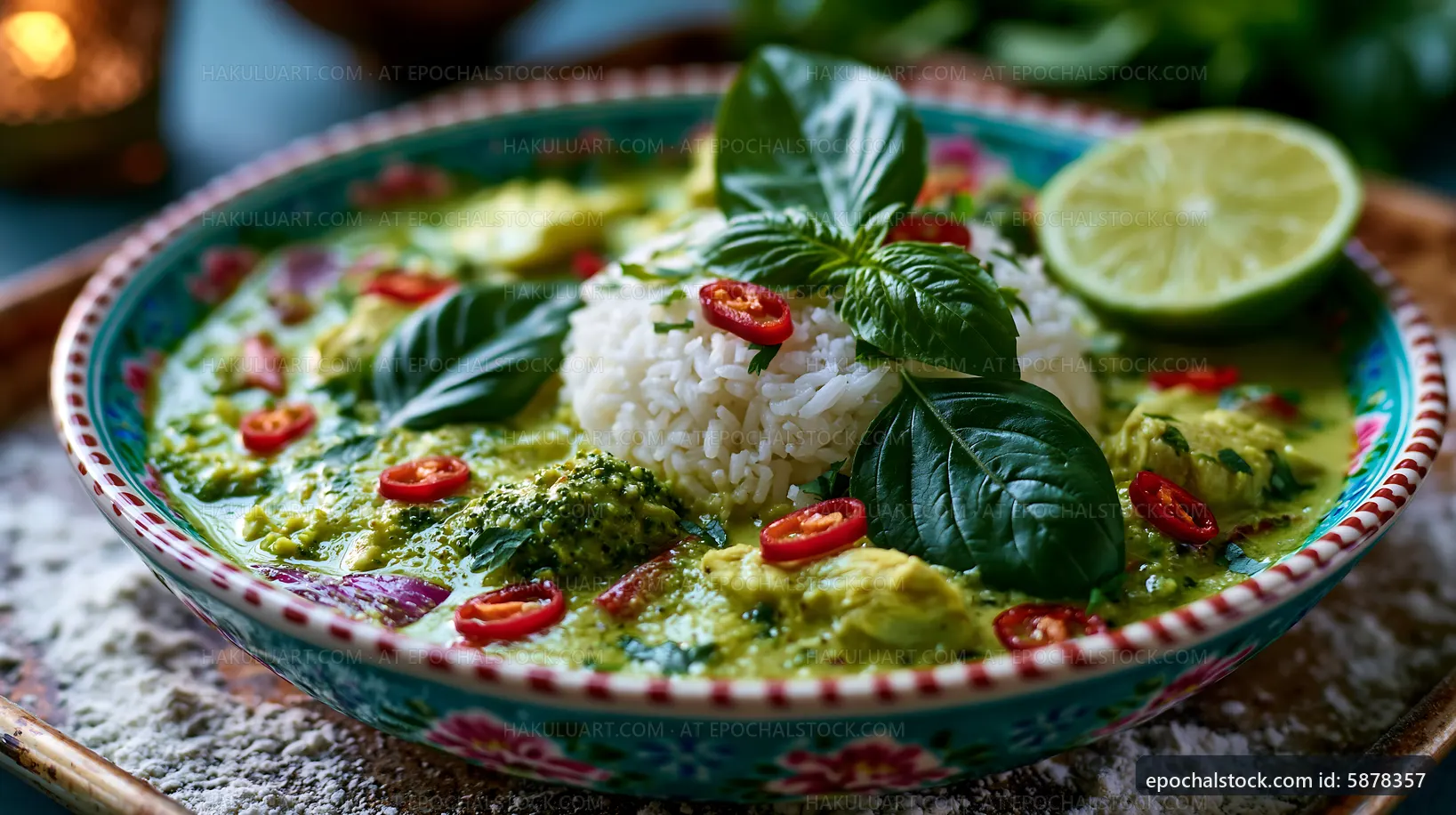 Green curry with rice, red chili, and lime in a bowl