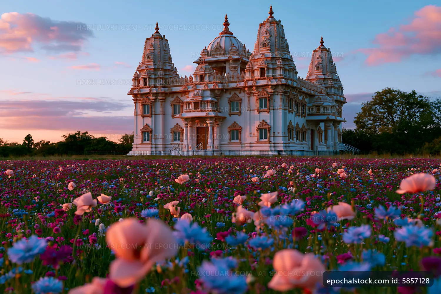 Sunset view of a temple surrounded by colorful flowers