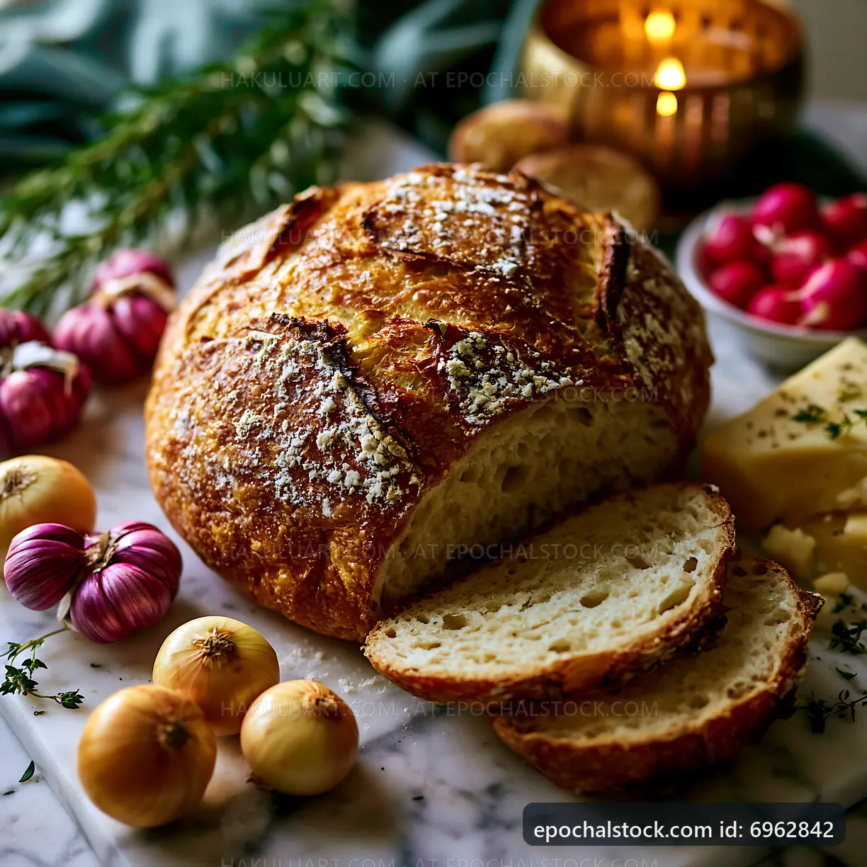 Freshly baked bread with onions and cheese on a kitchen table