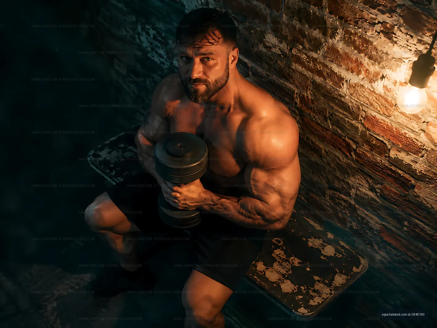 Muscular man holding a dumbbell in a dimly lit room