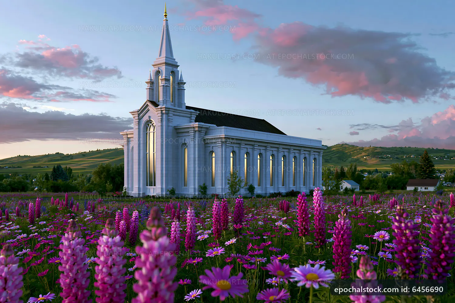 Flower field with a church building under a colorful sky