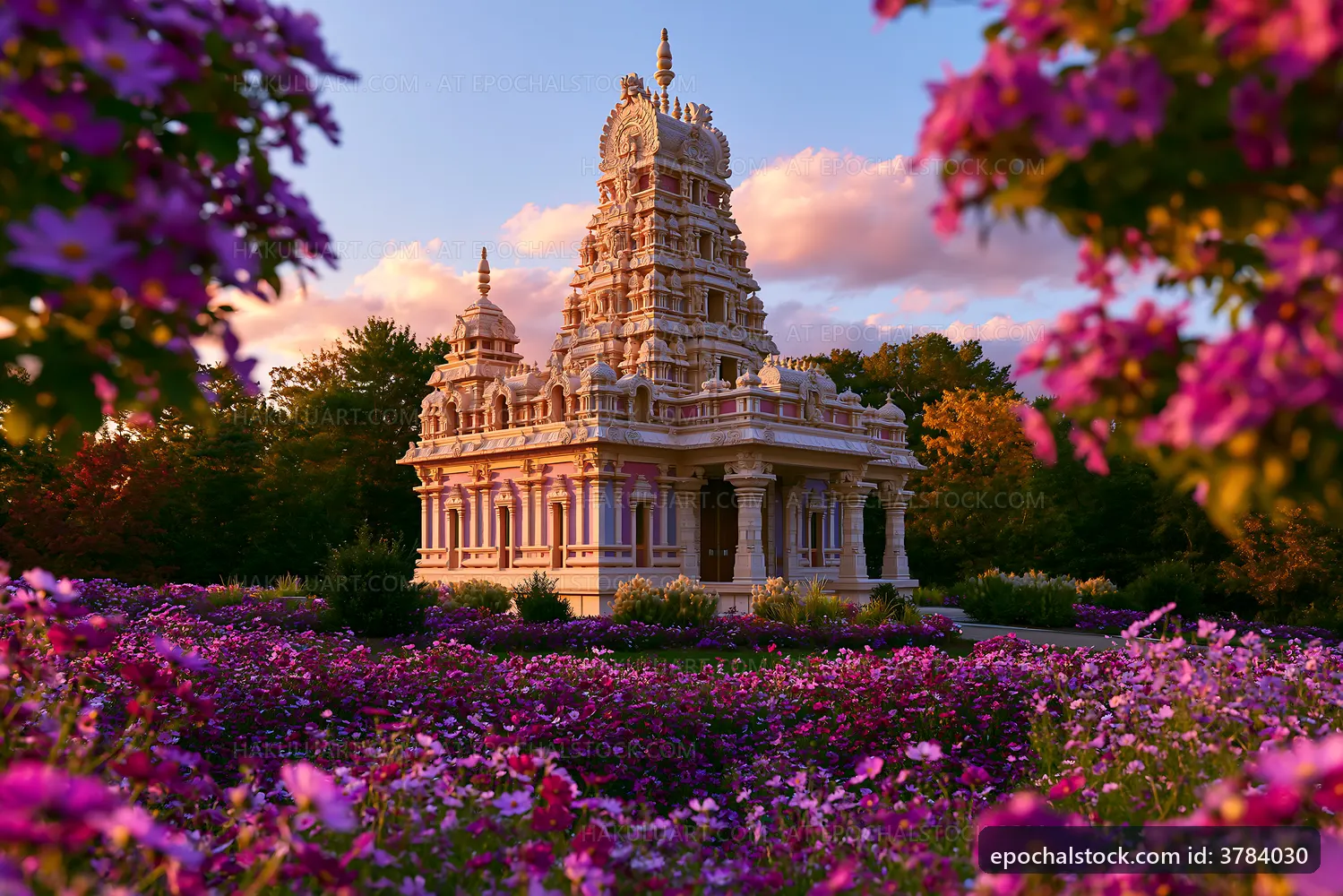 Temple surrounded by blooming flowers at sunset