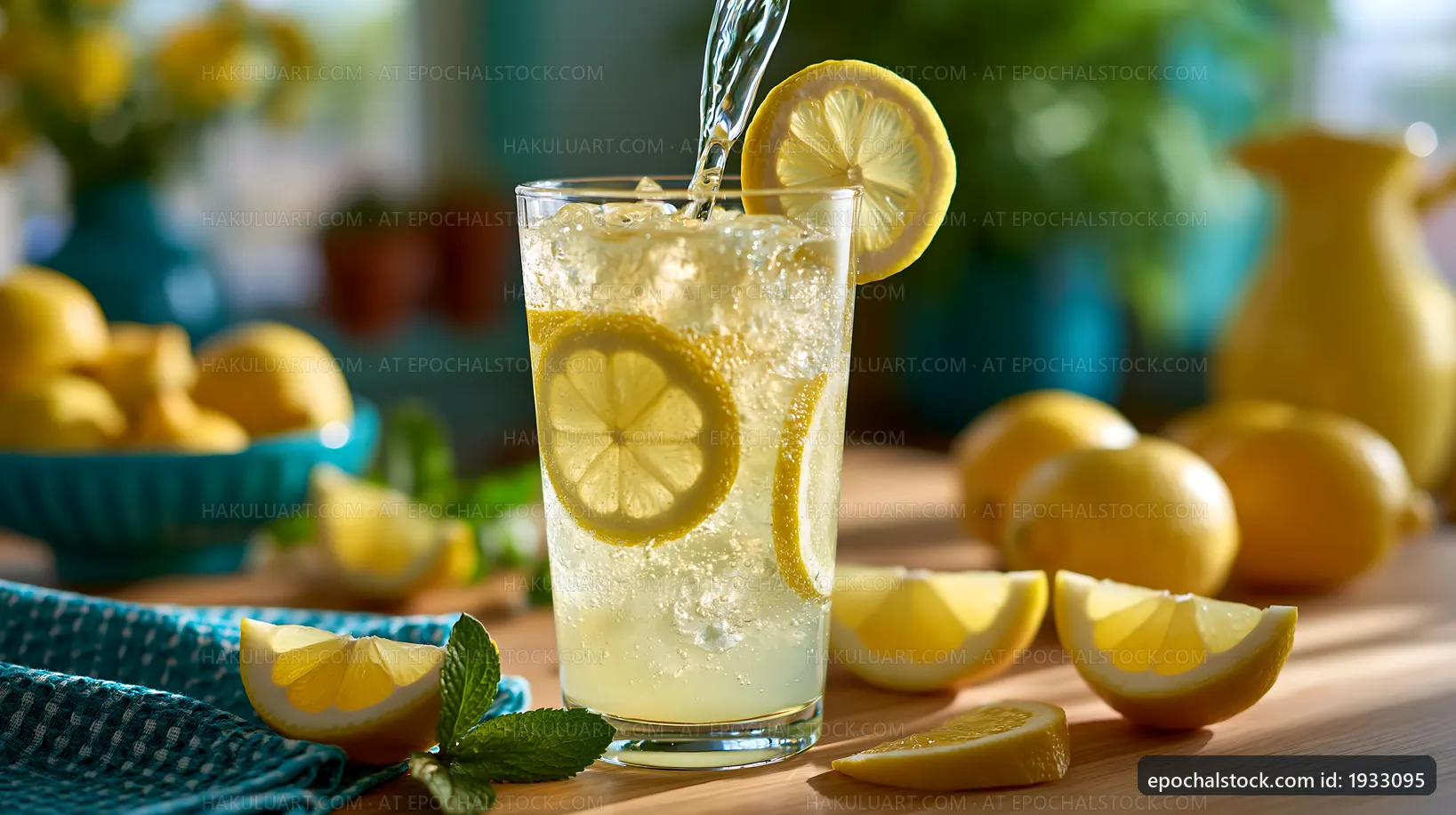 Refreshing lemon drink with slices and mint on wooden table