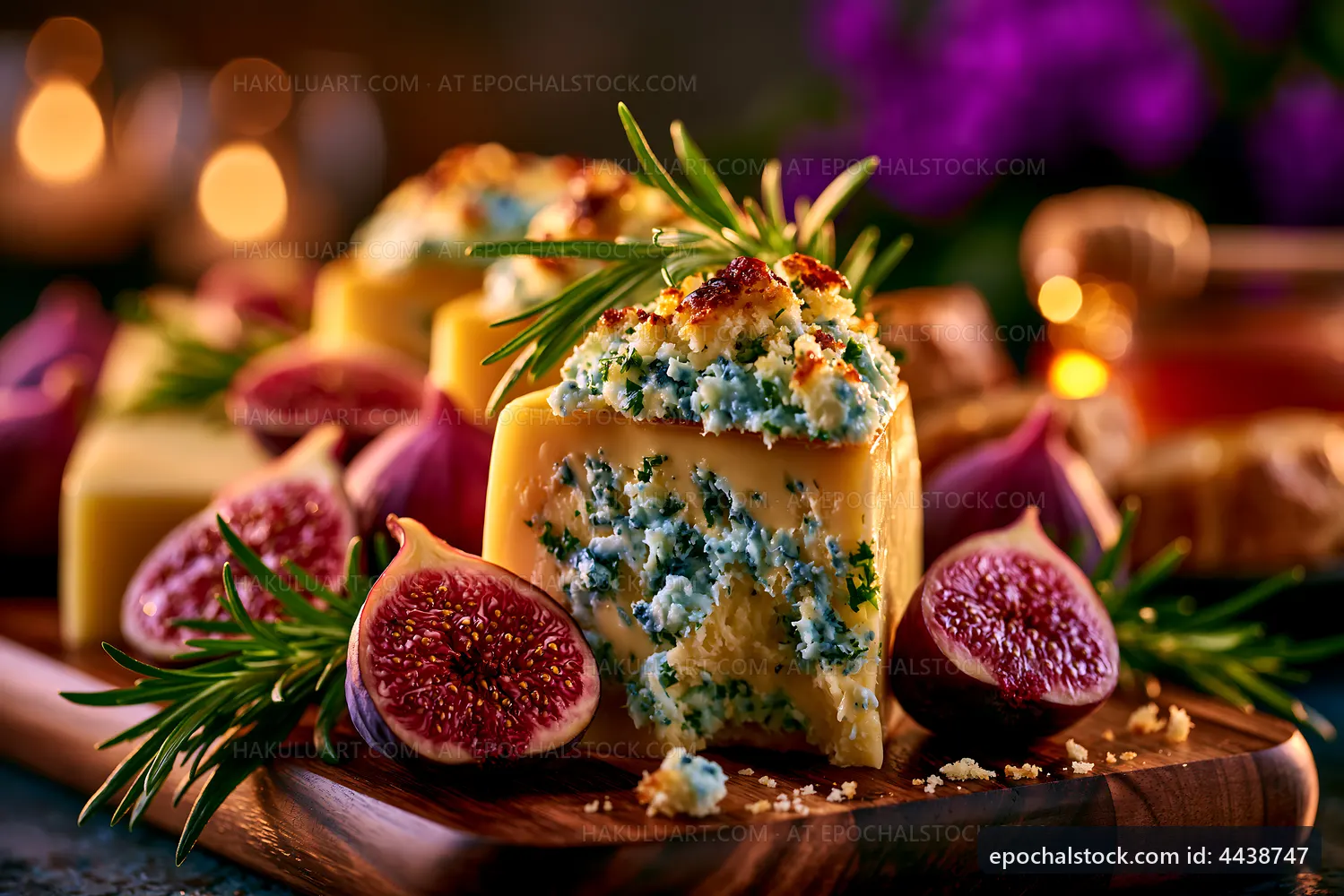 Cheese platter with fresh figs and herbs on a wooden board