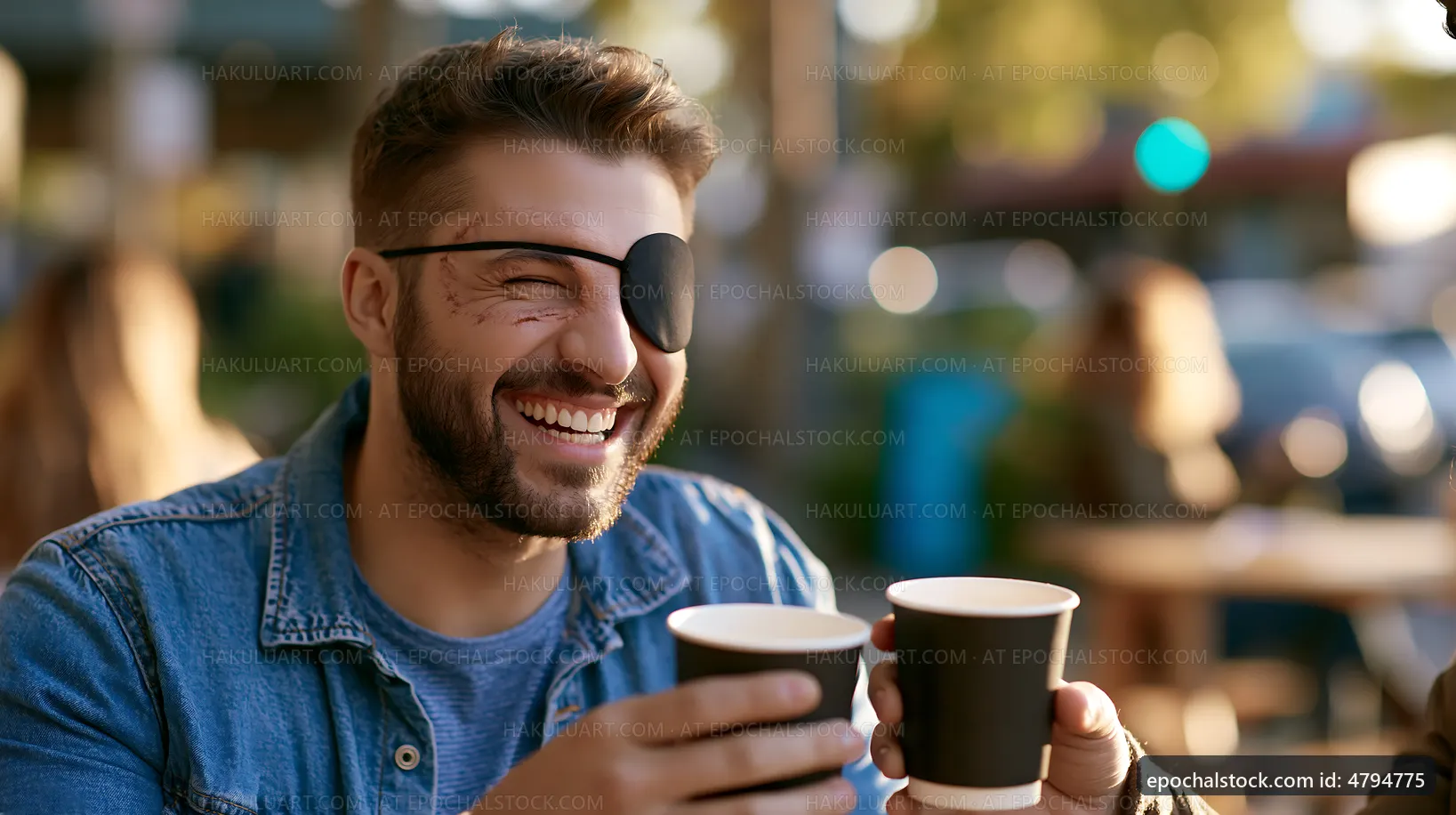Man with eye patch smiling while holding coffee cups outdoors