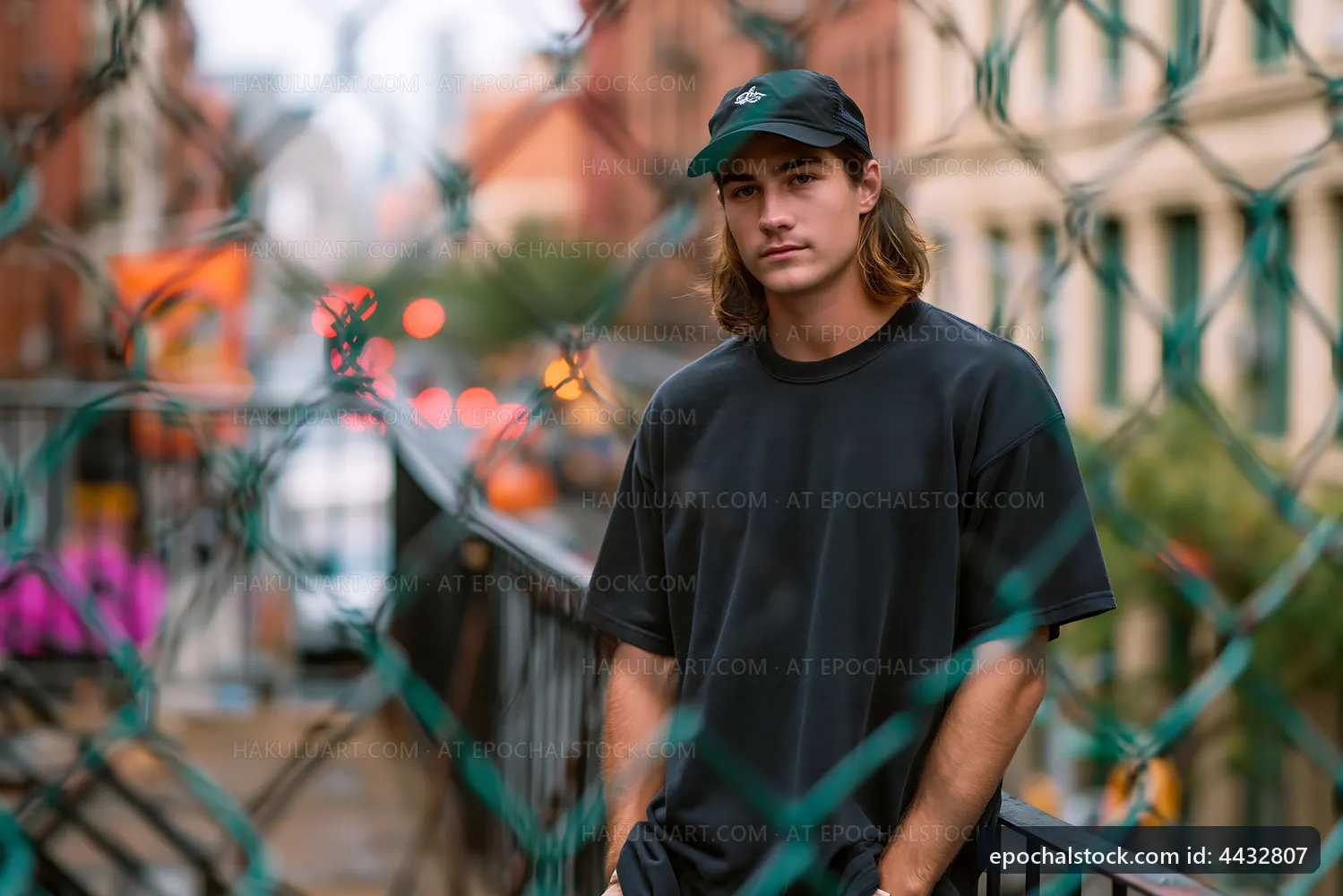 Young man standing near a fence in an urban setting