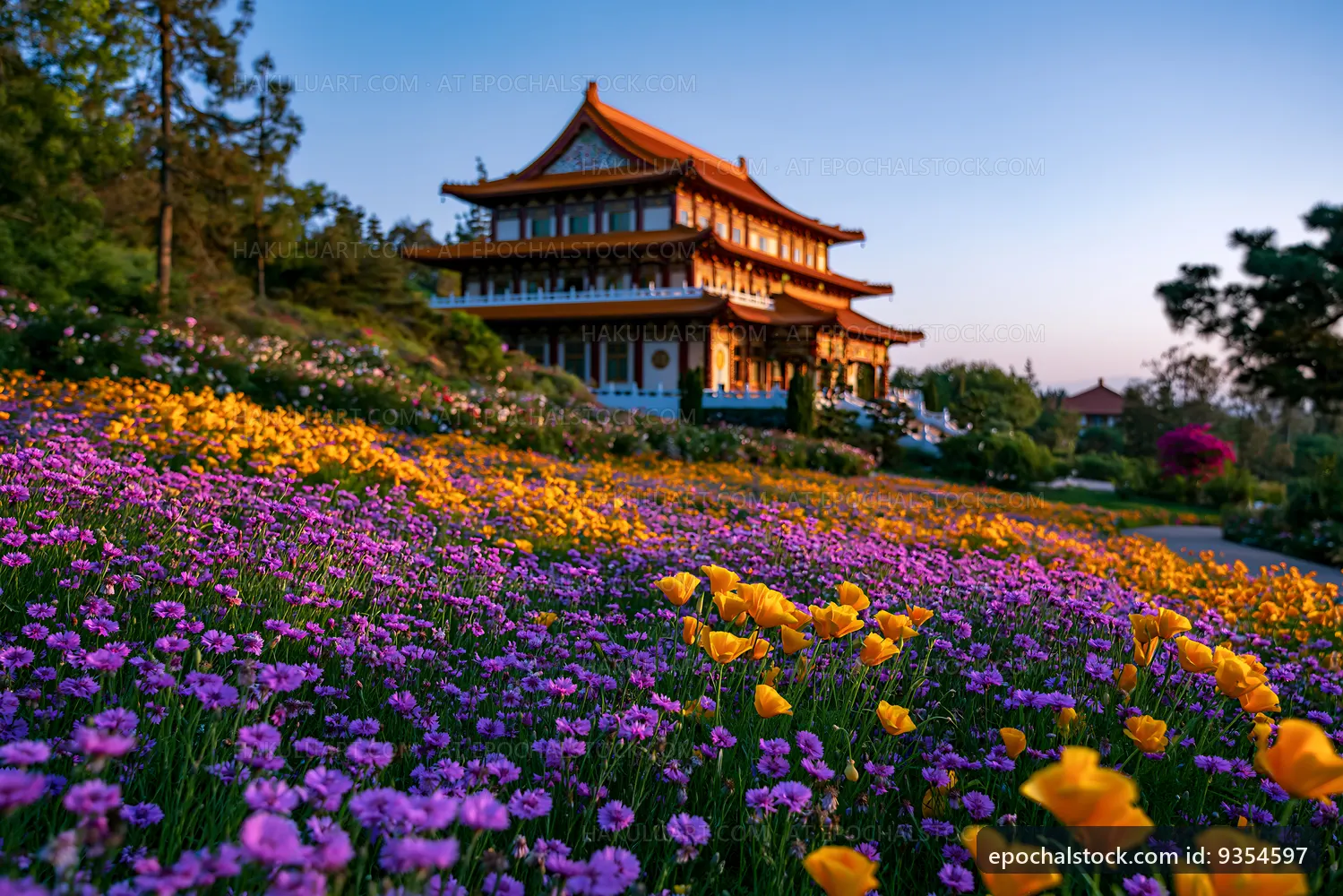 Colorful flowers in front of a large traditional building
