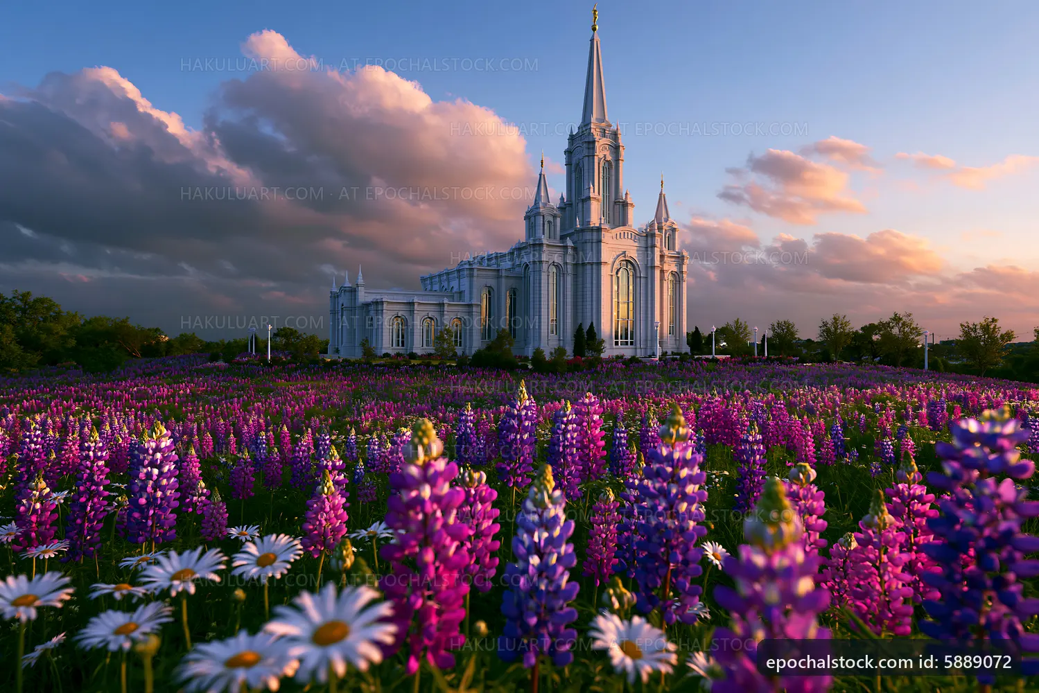 Church surrounded by colorful flowers at sunset